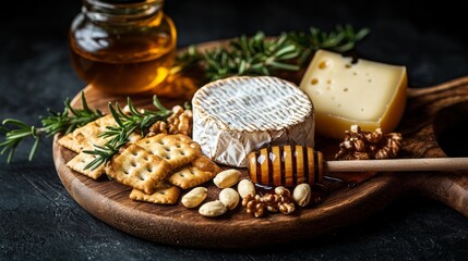 Fototapeta premium A wooden board with a variety of cheese, crackers, and nuts