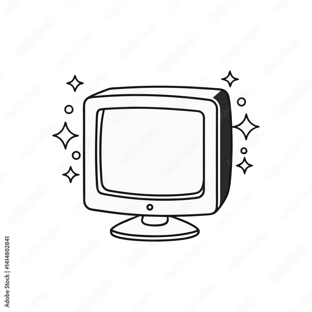 Aufkleber old crt computer monitor vector with sparkles, illustrated in clean black and white minimal line art