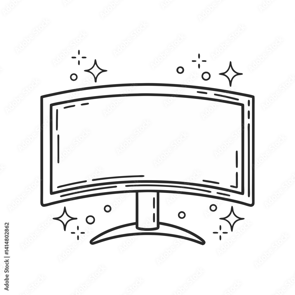 Poster curved computer monitor vector with sparkles, illustrated in clean black and white minimal line art 