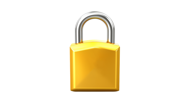 Secure golden padlock security concept for data protection and privacy lock isolated on transparent background