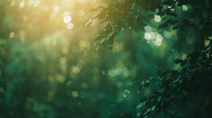Fototapeta premium Enchanting Forest Light: Nature'S Golden Hour Background, Abstract Bokeh Greenery