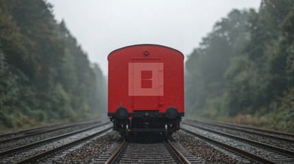 Obraz premium Red vehicle moving through fog dramatic transportation stock photo