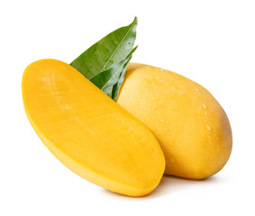 Single ripe yellow mango and half with green leaves and water droplets in stack isolated on white background with clipping path