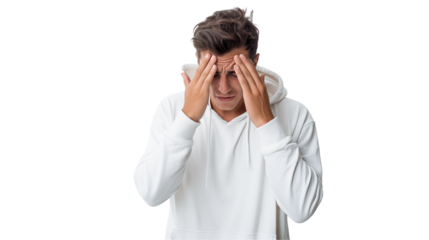 Man feeling stressed headache pain anxiety depression mental health problem sad isolated on transparent background