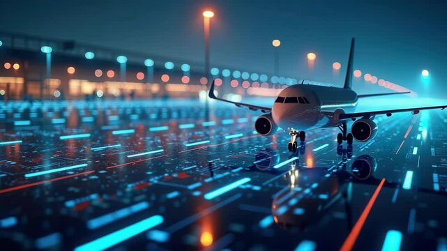 A sleek airplane is illuminated by vibrant lights on a runway at night, showcasing modern aviation technology.