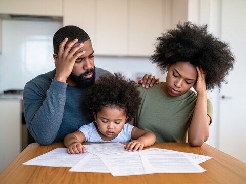 Depressed bankrupt young african american family sitting at kitchen table, feeling stressed while reading notification, informing about eviction from their appartment because housing debt. No money