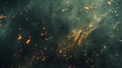 Fototapeta premium Abstract Golden Sparkles On Dark Green Background, Particle Explosion Design