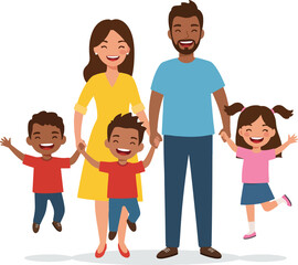 Obraz premium Diverse and Happy Family with Three Children Vector Illustration