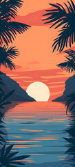 sunset, palm, beach, tree, tropical, sky, sea, sun, ocean, silhouette, summer, nature, sunrise, landscape, travel, island, water, evening, paradise, coast, vacation, palms, vector, illustration, hawai