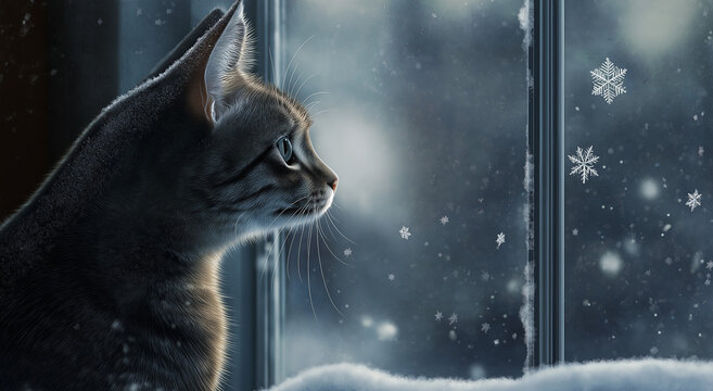 Esta imagem em close-up mostra um gato com padr&otilde;es complexos de pelos olhando pela janela, maravilhado
