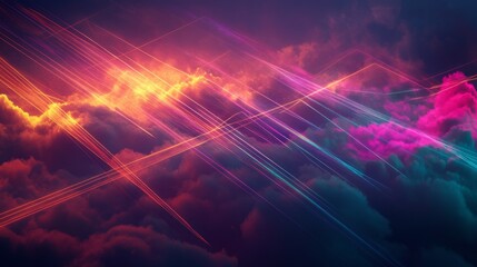 Digital neon light trails crossing through clouds at night with dark background, abstract futuristic high-tech concept