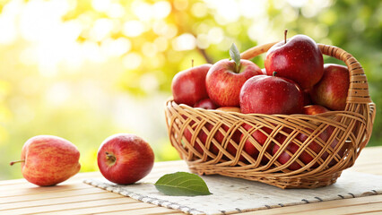 Red Apples in Wicker basket on surface in Garden Bright Natural sunny day Background with warm sunlight 