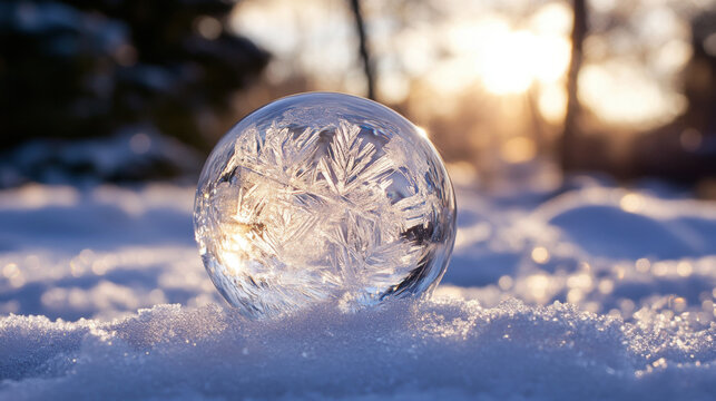Frozen bubble on snow - cold winter background concept.