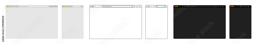 Aufkleber browser window website mockup template with fill and outline stroke, featuring frames for pc, laptop