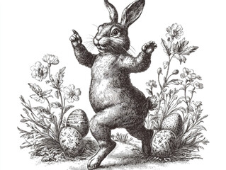 Fototapeta premium Vintage Engraving of Dancing Easter Bunny with Eggs and Flowers – Black and White Illustration