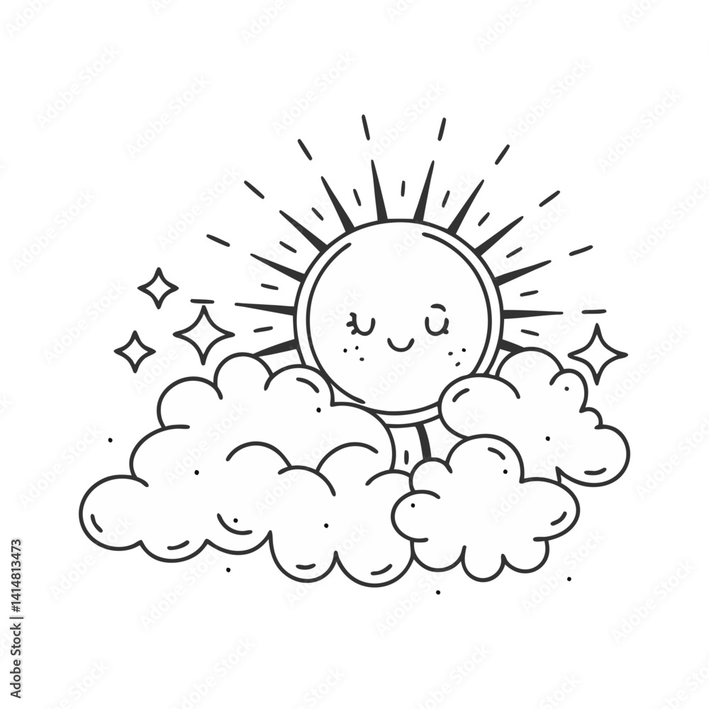 Poster cute sun and clouds vector with sparkles in black and white minimal line art style, featuring a smil