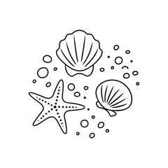 Starfish and seashell vector with bubbles in minimal black and white line style, evoking an underwater beach theme

