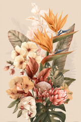 poster of a beautiful arts bouquet of tropical flowers