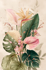poster of a beautiful arts bouquet of tropical flowers, orchids, monstera