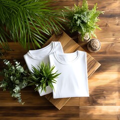 Display of White Cotton T Shirts with Plants and Wooden Background for Mockup Branding and Design