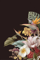 poster of a beautiful arts bouquet of tropical flowers, orchids, monstera