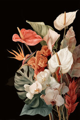 poster of a beautiful arts bouquet of tropical flowers, orchids, monstera