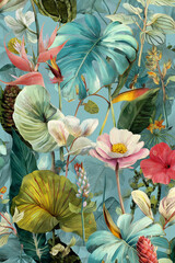 poster of a beautiful arts bouquet of tropical flowers, orchids, monstera
