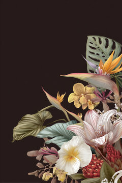 poster of a beautiful arts bouquet of tropical flowers, orchids, monstera