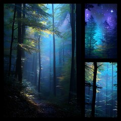Fototapeta premium Dreamy Forest Vista with Starry Sky and Serene Light Rays Illuminating Magical Woodland Wonderland.