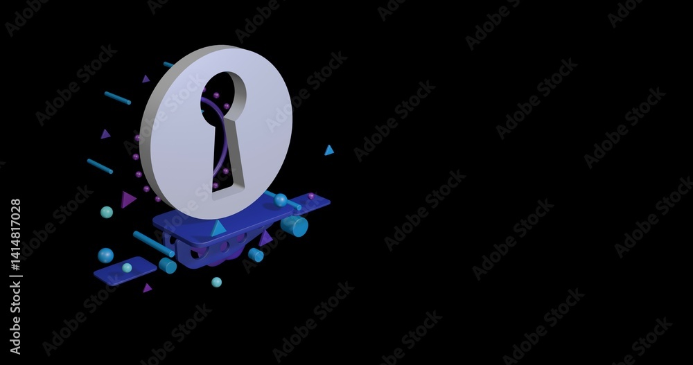 Poster white keyhole symbol on a pedestal of abstract geometric shapes floating in the air. abstract concep