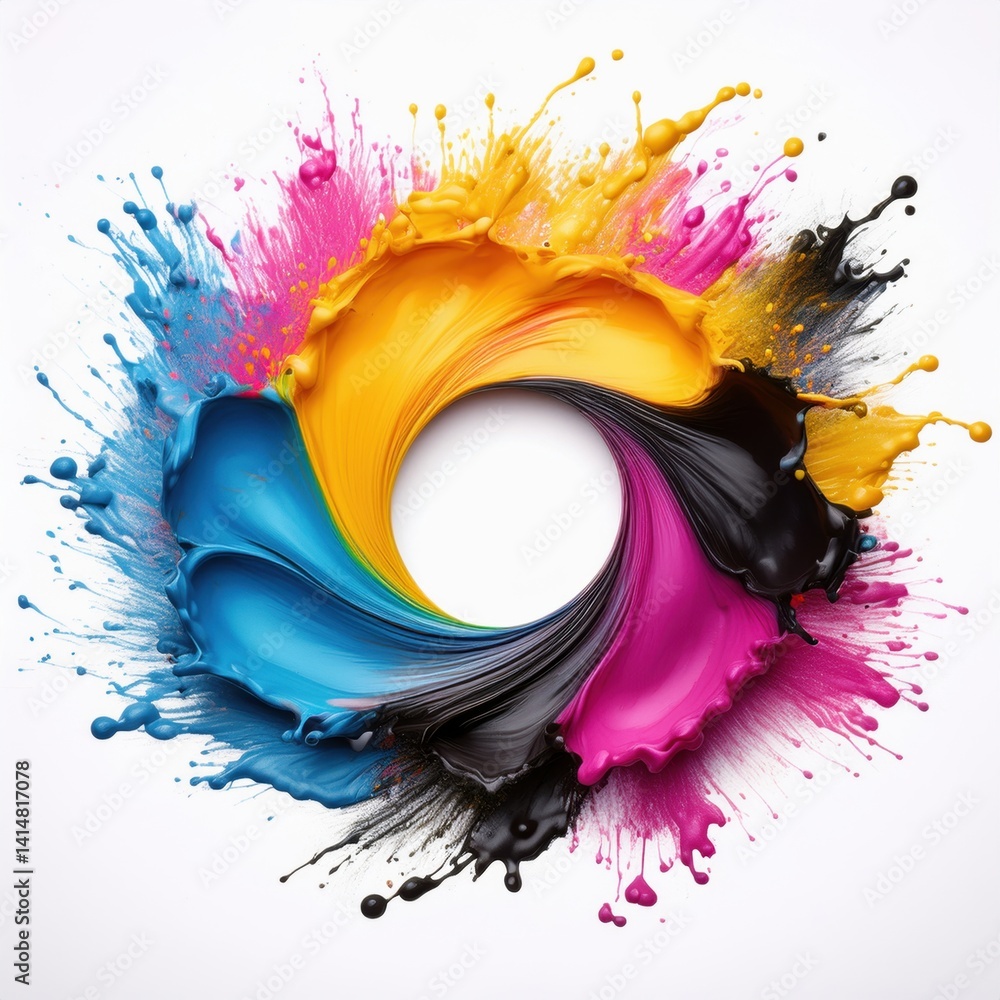 Poster vibrant cmyk paint splash forming a circular frame ideal for design projects and creative background