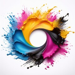 Vibrant CMYK paint splash forming a circular frame ideal for design projects and creative backgrounds