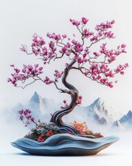 Bonsai Tree, Pink Blossoms, Misty Mountains