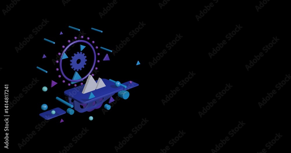 Poster white mountains symbol on a pedestal of abstract geometric shapes floating in the air. abstract conc