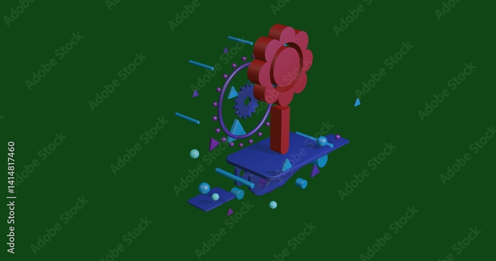 Aufkleber red chamomile symbol on a pedestal of abstract geometric shapes floating in the air. abstract concep