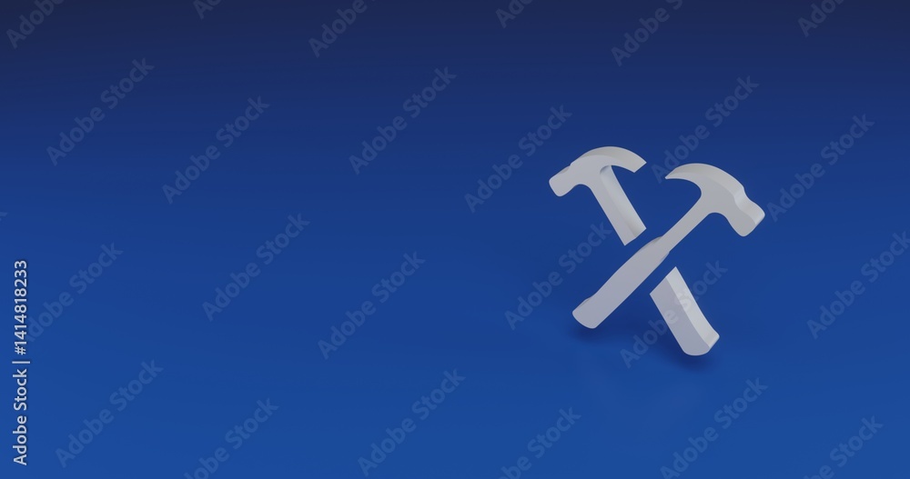Poster isolated realistic white crossed hammers symbol with shadow. located on the right side of the scene.