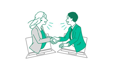 ネットやAIを通じたグローバルなビジネス展開をして握手するビジネスマンのベクターイラスト