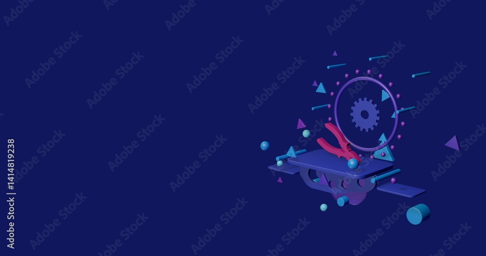 Poster pink pliers symbol on a pedestal of abstract geometric shapes floating in the air. abstract concept 