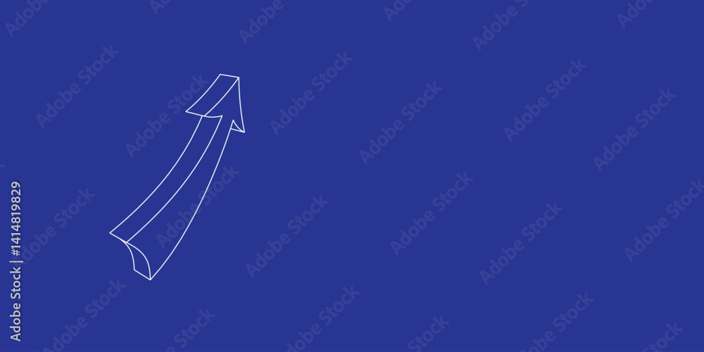 Poster the outline of a large up arrow made of white lines on the left. 3d view of the object in perspectiv