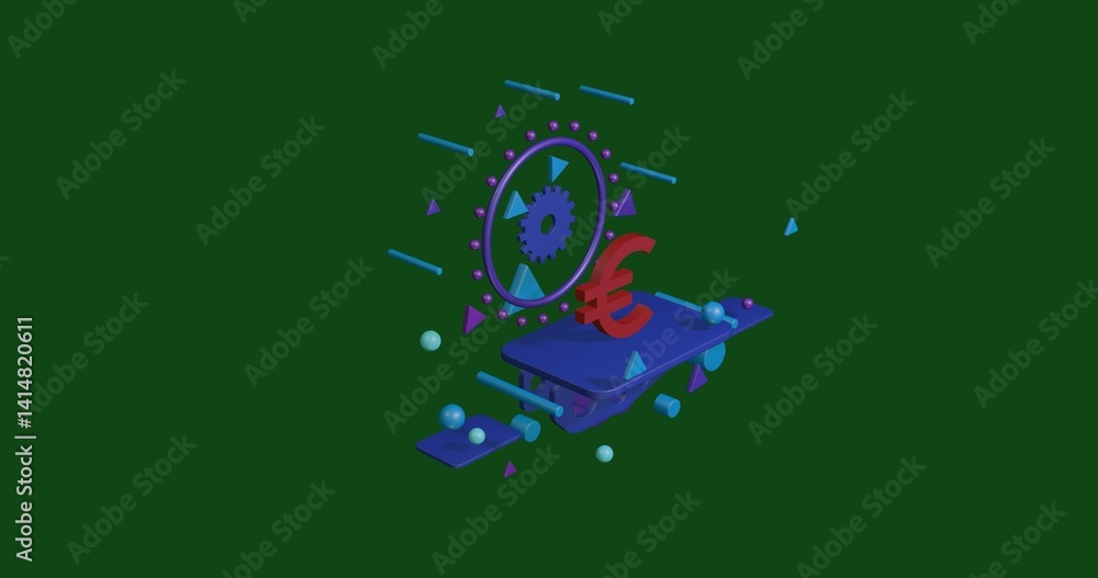 Poster red euro symbol on a pedestal of abstract geometric shapes floating in the air. abstract concept art