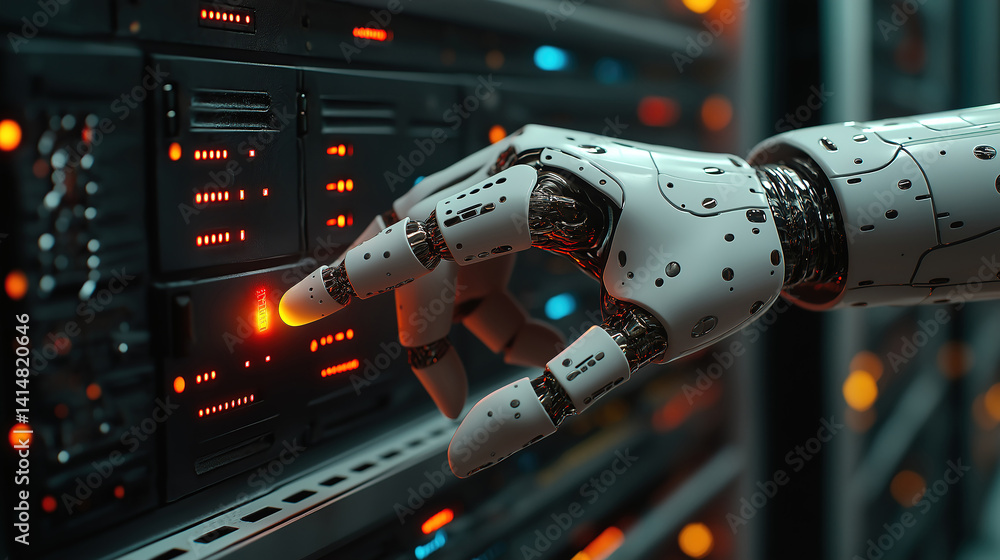 Poster cybernetic connection a robotic finger gently presses a button on a server representing technology