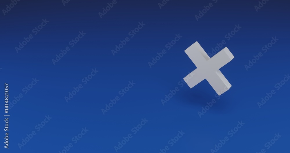 Poster isolated realistic white multiplication symbol with shadow. located on the right side of the scene. 