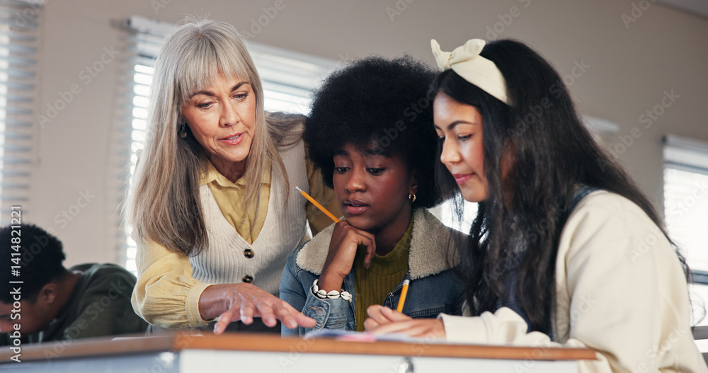 Poster school, university and teacher with students help for assessment, assignment and explain test questi