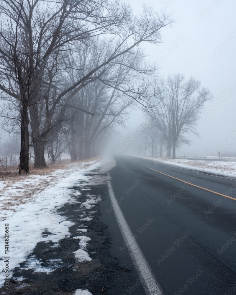 Poster winter road disappearing into fog with bare trees and melting snow on the ground creating a moody at