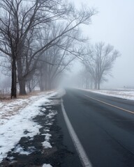 Obraz premium Winter Road Disappearing into Fog with Bare Trees and Melting Snow on the Ground Creating a Moody Atmosphere