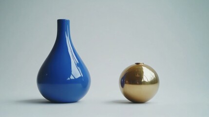 Rich blue pottery vase placed beside a traditional gold motif on clean, minimalist white