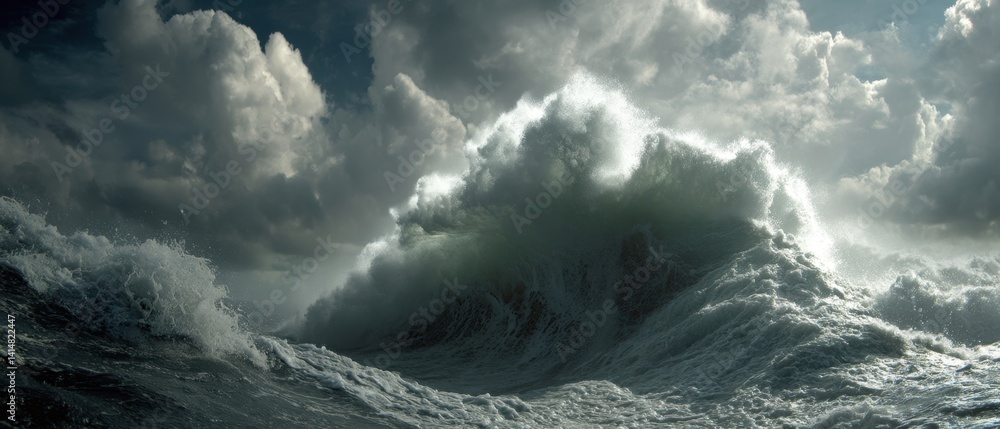 Poster dramatic ocean wave cresting under a cloudy sky with sunlight breaking through creating a powerful a