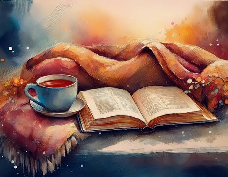 A cozy scene with an open Bible, a cup of tea, and a wool blanket, all softly blended with warm watercolor tones and abstract brushstrokes.