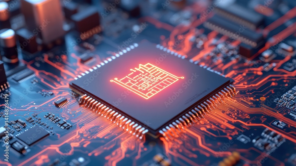 Poster digital heartbeat: an intricate microchip glows with a warm, inviting energy, a symbol of innovation