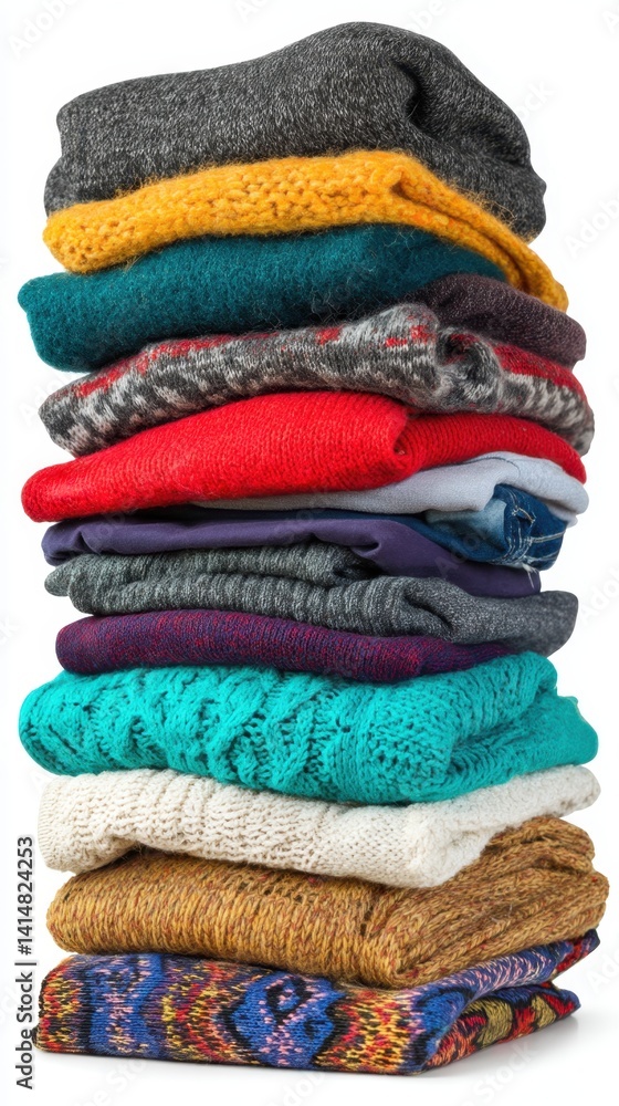 Poster stack of colorful folded knitwear sweaters and jumpers in warm tones against a clean white backgroun